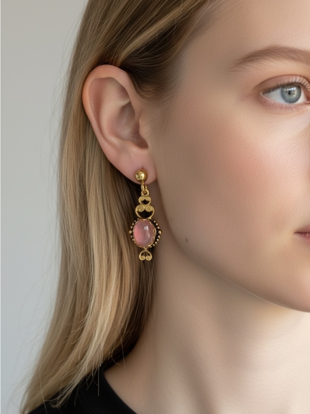 9/24 Gold Drop Earrings with Pink Stone